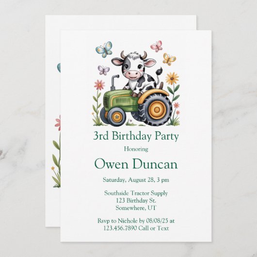 Invitation Cute Cow on Tractor Boy Birthday Party (Devant / Derrière)