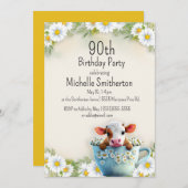 Invitation Cute Cow Teacup Daisies 100e fête d'anniversaire (Devant / Derrière)