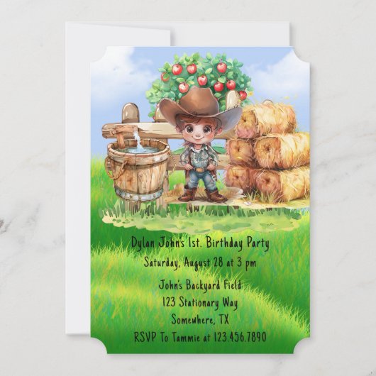 Invitation Cute Cowboy Farmer 1er. Fête d'anniversaire (Devant)