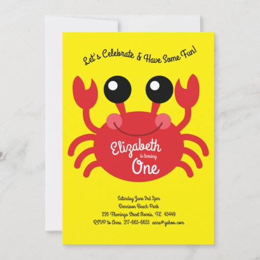 Invitation Cute Crab Beach Enfants 1ère fête d'anniversaire (Devant)