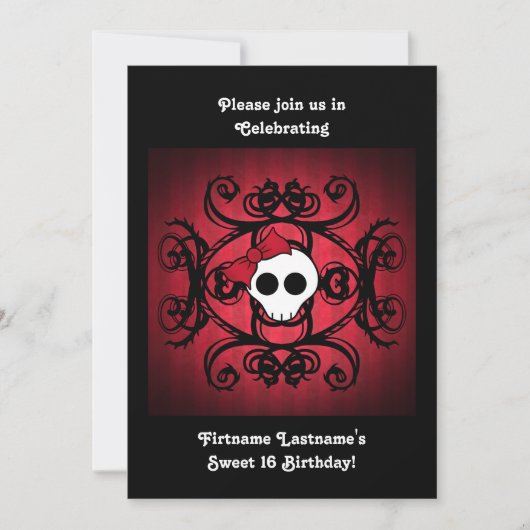 Invitation Cute crâne gothique sur rouge et noir 5x7 doux 16 (Devant)