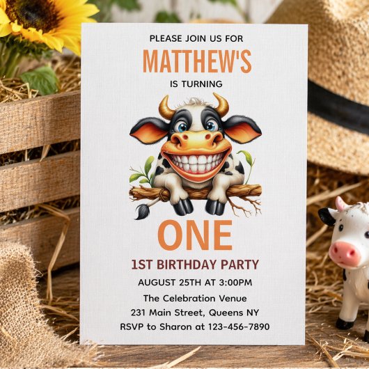 Invitation Cute Crazy Cow Farm Theme 1st Birthday