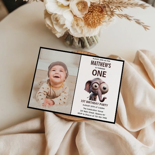 Invitation Cute Crazy elephant Farm Theme 1st Birthday