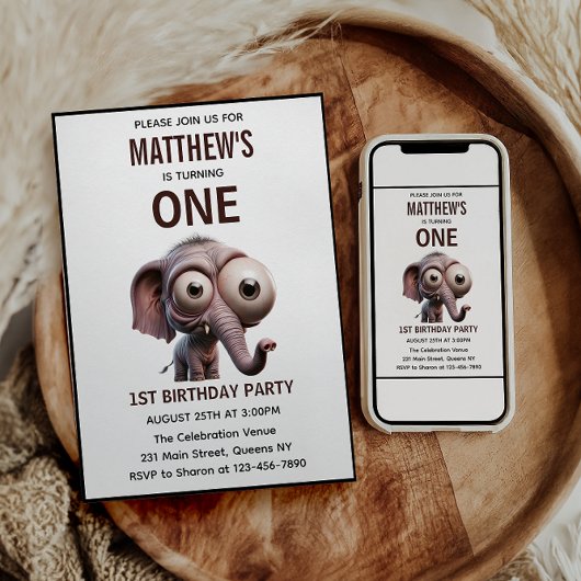 Invitation Cute Crazy elephant Farm Theme 1st Birthday