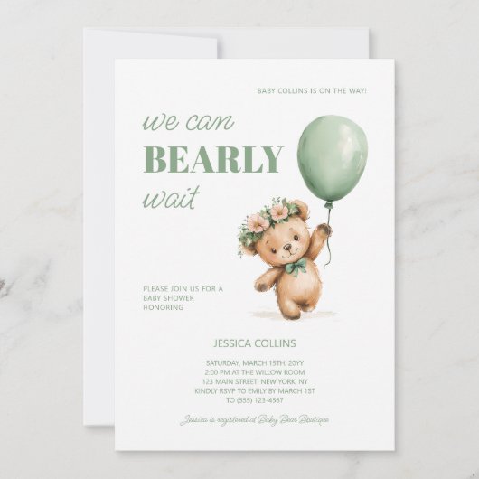 Invitation Cute Cub Sage Vert Nous Pouvons Bearly Wait Baby s (Devant)