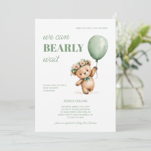 Invitation Cute Cub Sage Vert Nous Pouvons Bearly Wait Baby s (Debout devant)