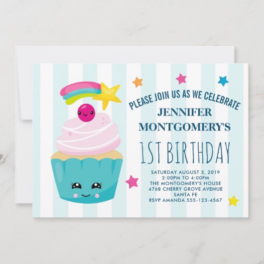 Invitation Cute Cupcake avec Kawaii Face Anniversaire (Devant)