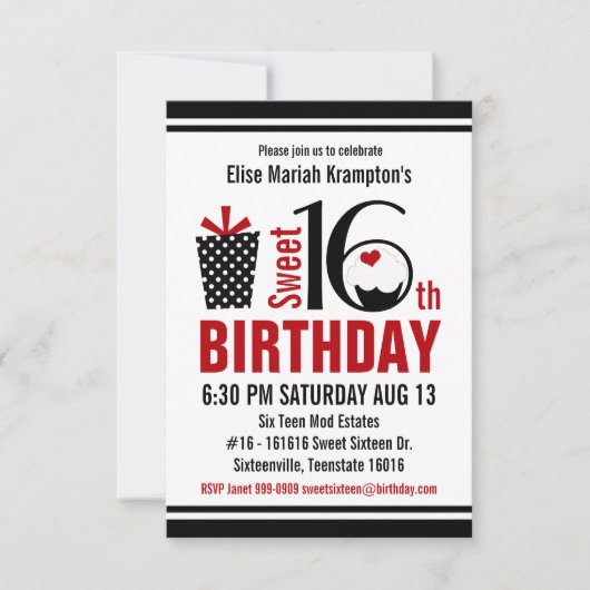 Invitation Cute Cupcake Black and Red Sweet 16 Anniversaire (Devant)