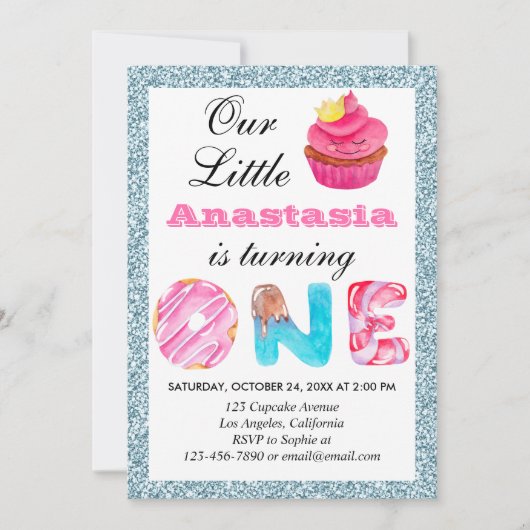 Invitation Cute Cupcake Bleu clair Parties scintillant 1er an (Devant)