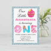 Invitation Cute Cupcake Bleu clair Parties scintillant 1er an (Debout devant)