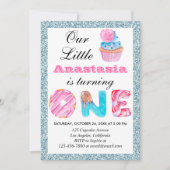 Invitation Cute Cupcake Bleu clair Parties scintillant 1er an (Devant)