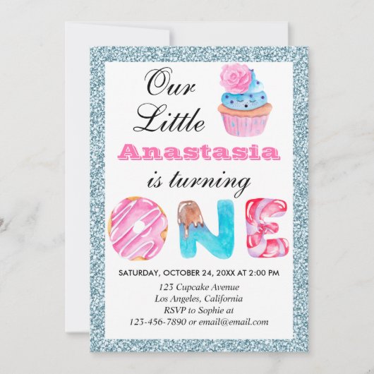Invitation Cute Cupcake Bleu clair Parties scintillant 1er an (Devant)