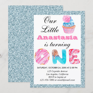 Invitation Cute Cupcake Bleu clair Parties scintillant 1er an