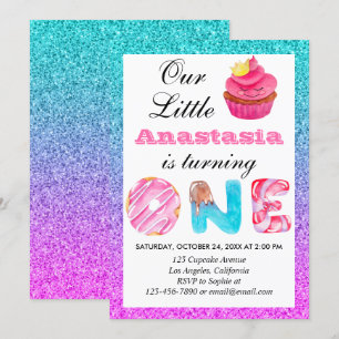 Invitation Cute Cupcake Blue Purple Parties scintillant 1er a