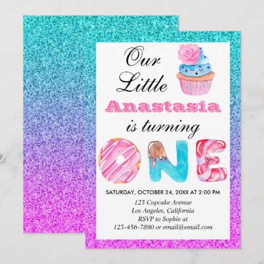 Invitation Cute Cupcake Blue Purple Parties scintillant 1er a (Devant / Derrière)