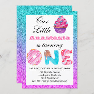 Invitation Cute Cupcake Blue Purple Parties scintillant 1er a