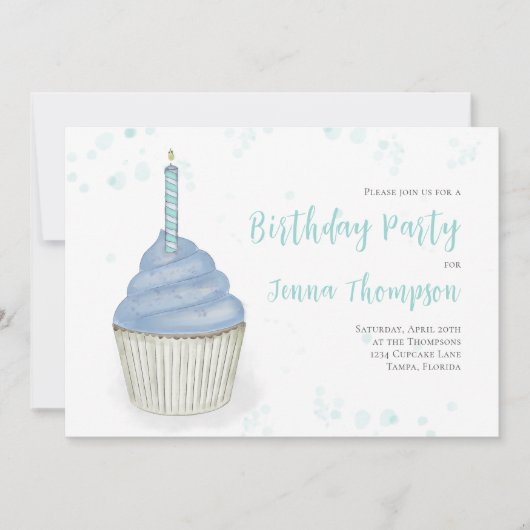 Invitation Cute Cupcake Blue QR Code Social Media Simple (Devant)