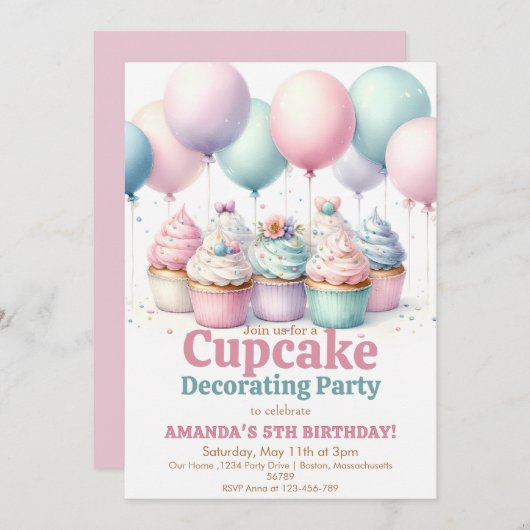 Invitation Cute Cupcake Décoration Fête Fille Baking Annivers (Devant / Derrière)