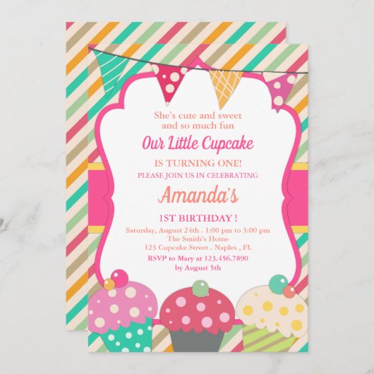 Invitation Cute Cupcake Premier anniversaire (Devant / Derrière)