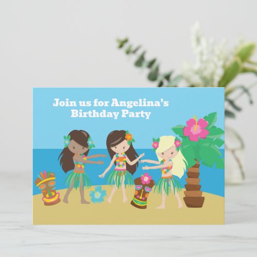 Invitation Cute Custom Luau Beach Hula Girls Anniversaire (Debout devant)