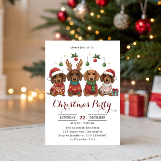 Invitation Cute Dachshund Dogs Christmas Party 