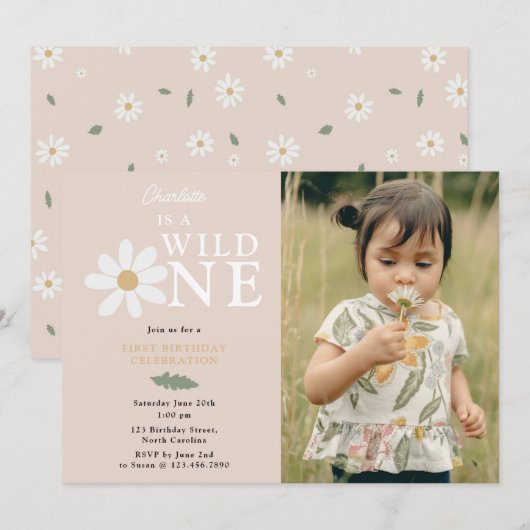 Invitation Cute Daisy Flower 1er Anniversaire Fille Wild One (Devant / Derrière)
