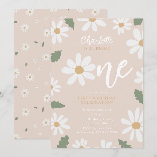 Invitation Cute Daisy Flower 1st Birthday Girl Pink (Devant / Derrière)