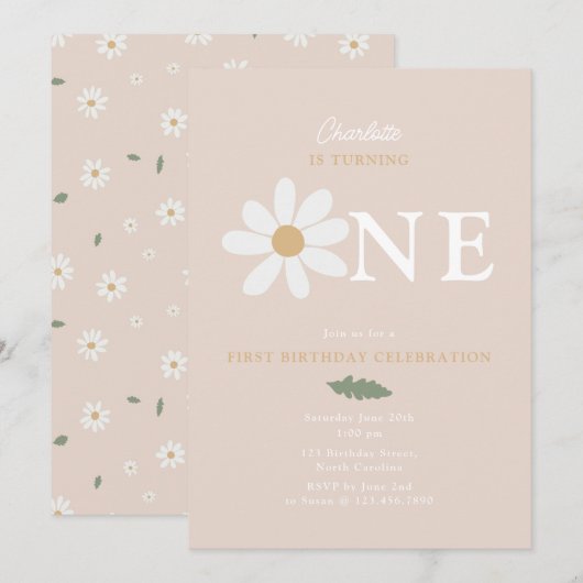 Invitation Cute Daisy Flower 1st Birthday Girl Pink (Devant / Derrière)