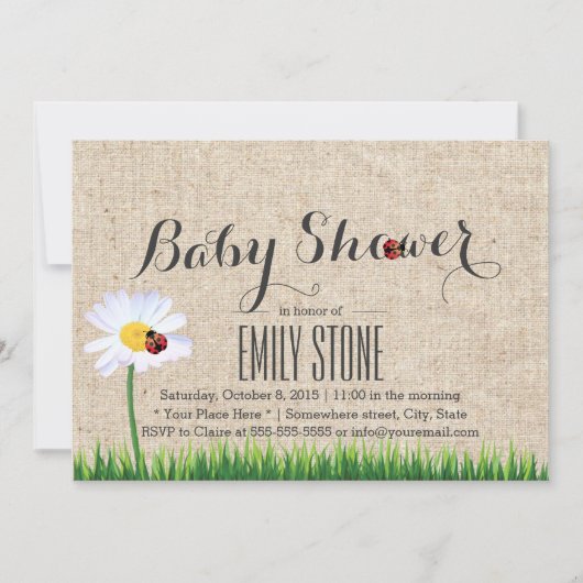 Invitation Cute Daisy & Ladybugs Baby shower Burlap (Devant)
