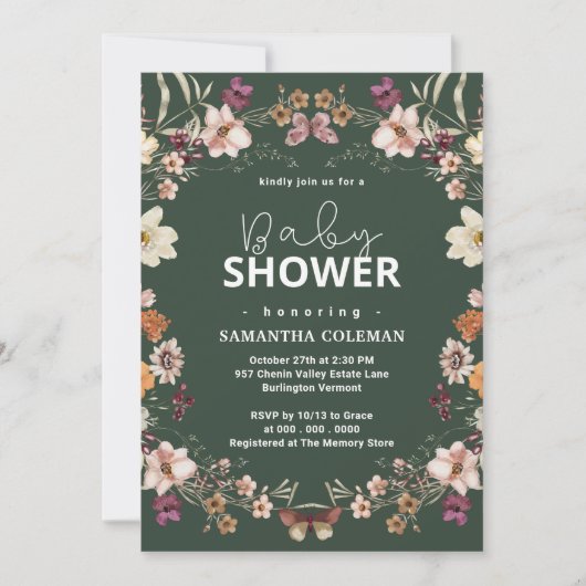Invitation Cute Dark Green Boho Fleur sauvage Baby shower mod (Devant)
