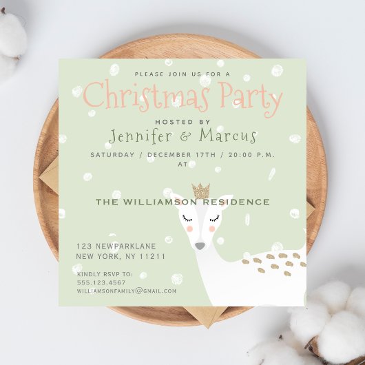 Invitation Cute Deer | Fête de Noël verte Sage