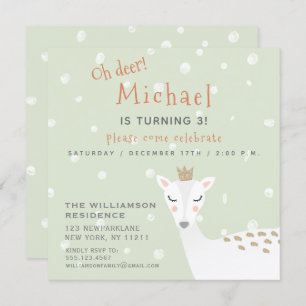Invitation Cute Deer   Sage Green Kids Winter Birday
