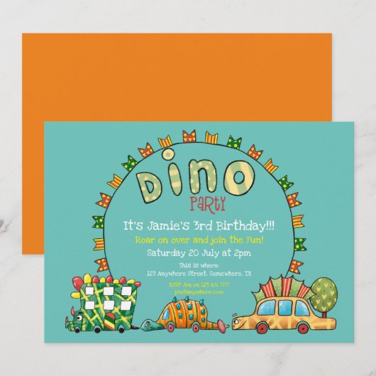 Invitation Cute Dino Cars Dinosaur Vert Jaune Garçons Anniver (Devant / Derrière)