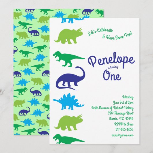Invitation Cute Dinosaur 1er anniversaire Dino Party (Devant / Derrière)
