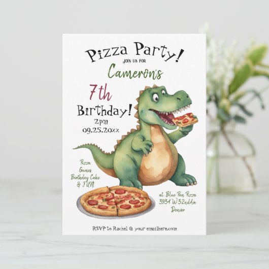 Invitation Cute Dinosaur Anniversaire Pizza Party (Debout devant)