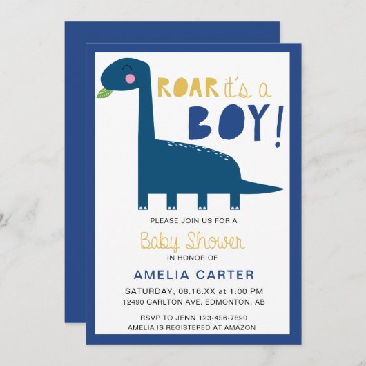 Invitation Cute Dinosaur baby shower Garçon Bleu Moderne (Devant / Derrière)