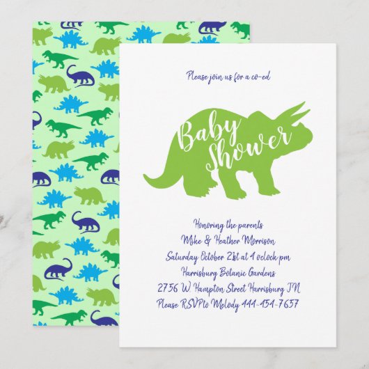 Invitation Cute Dinosaur Baby shower Tricératops Blue Boy (Devant / Derrière)