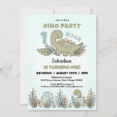 Invitation Cute Dinosaur Bleu Vert Garçon 1er anniversaire (Devant)