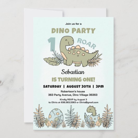 Invitation Cute Dinosaur Bleu Vert Garçon 1er anniversaire (Devant)