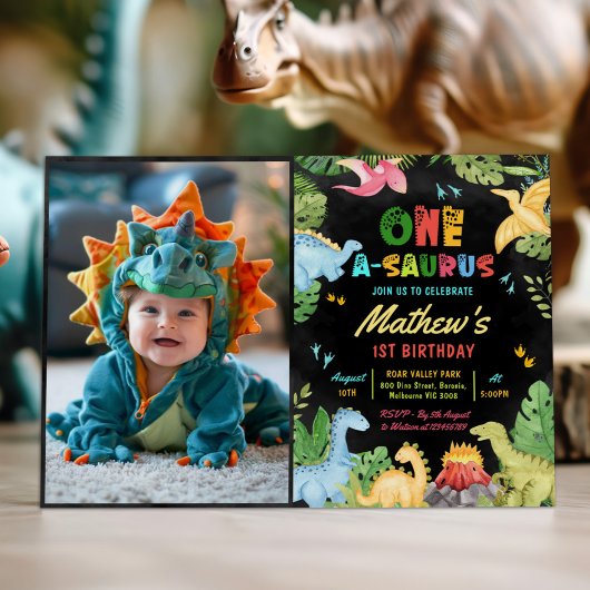 Invitation Cute Dinosaur Boy One-A-Saurus 1er Anniversaire Ph