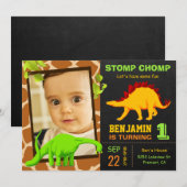 Invitation Cute Dinosaur Chalkboard 1ère Photo Anniversaire (Devant / Derrière)