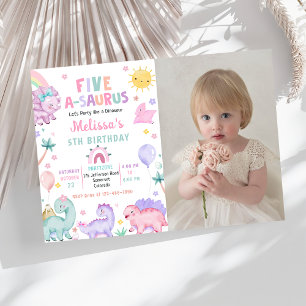 Invitation Cute Dinosaur Cinq-A-Saurus 5ème anniversaire Phot