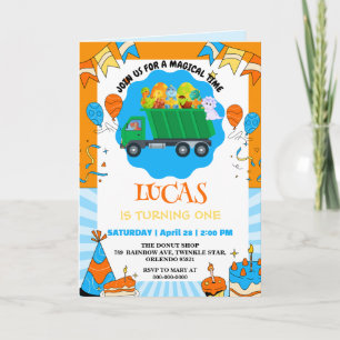 Invitation Cute Dinosaur coloré camion à ordures garçon anniv