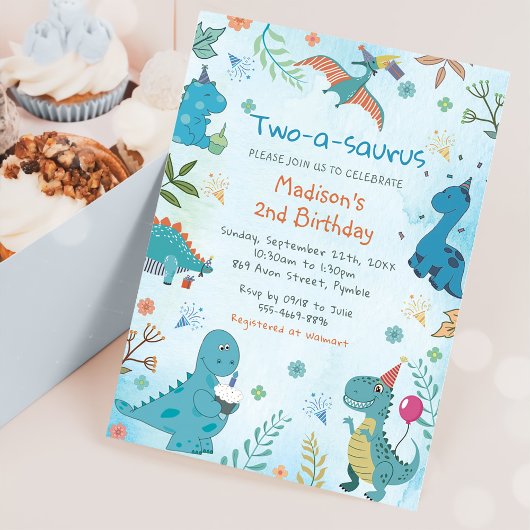 Invitation Cute Dinosaur Deux-A-Saurus 2e fête d'anniversaire