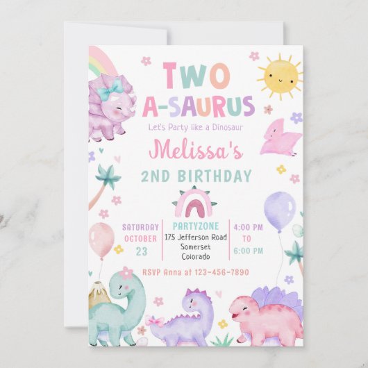 Invitation Cute Dinosaur Deux-A-Saurus 2e fête d'anniversaire (Devant)