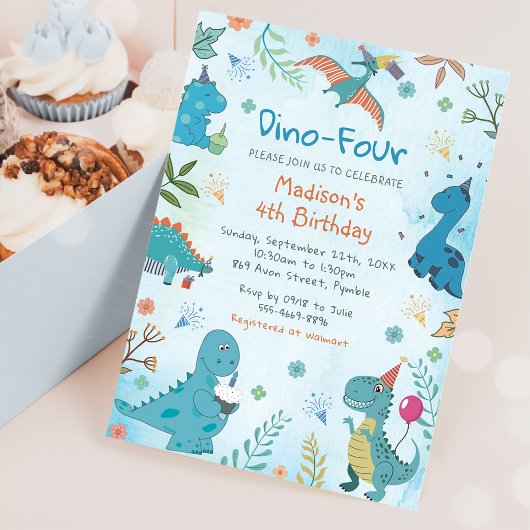 Invitation Cute Dinosaur Dino 4 fête d'anniversaire