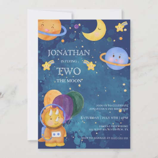Invitation Cute Dinosaur Espace Deux Lune Anniversaire (Devant)