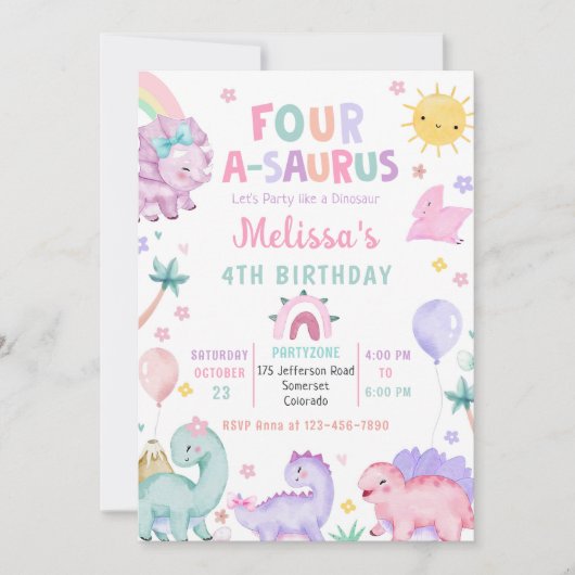 Invitation Cute Dinosaur Four-A-Saurus 4e fête d'anniversaire (Devant)