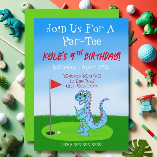 Invitation Cute Dinosaur Golf Thématique 9e anniversaire