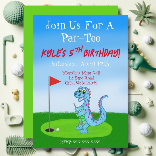 Invitation Cute Dinosaur Golf Thème 5ème anniversaire